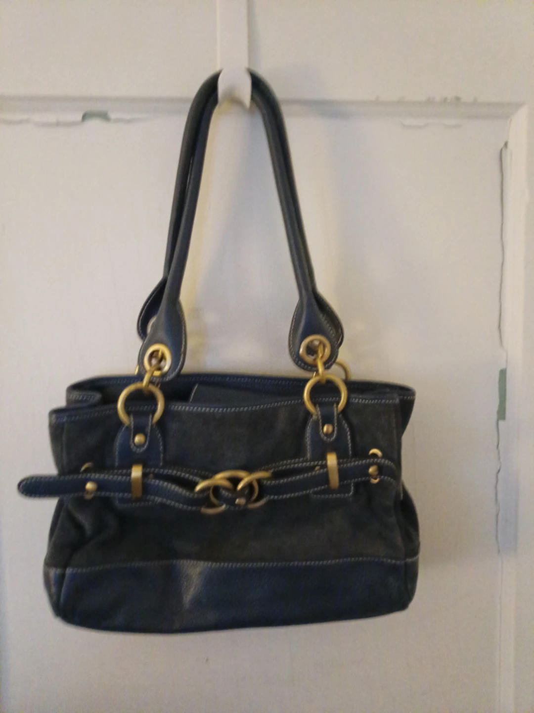 Dark Navy Suede and Leather Shoulder Bag - photo 2
