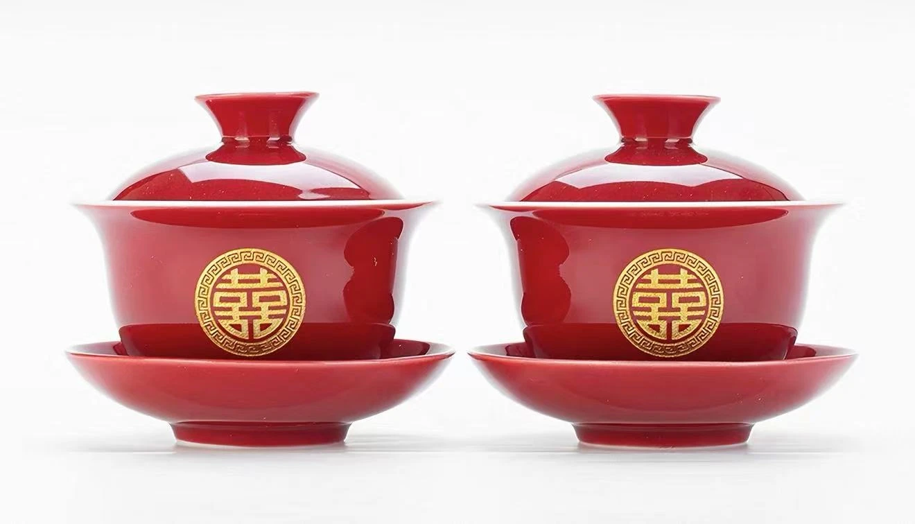 Traditional Chinese Wedding Red Ceramic Tea Set - photo 2