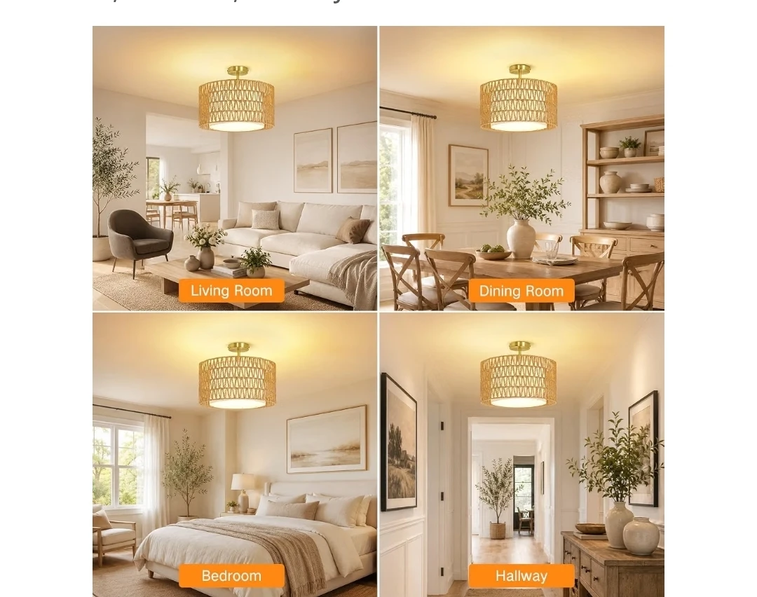 Boho Rattan Semi Flush Mount Ceiling Light - photo 4