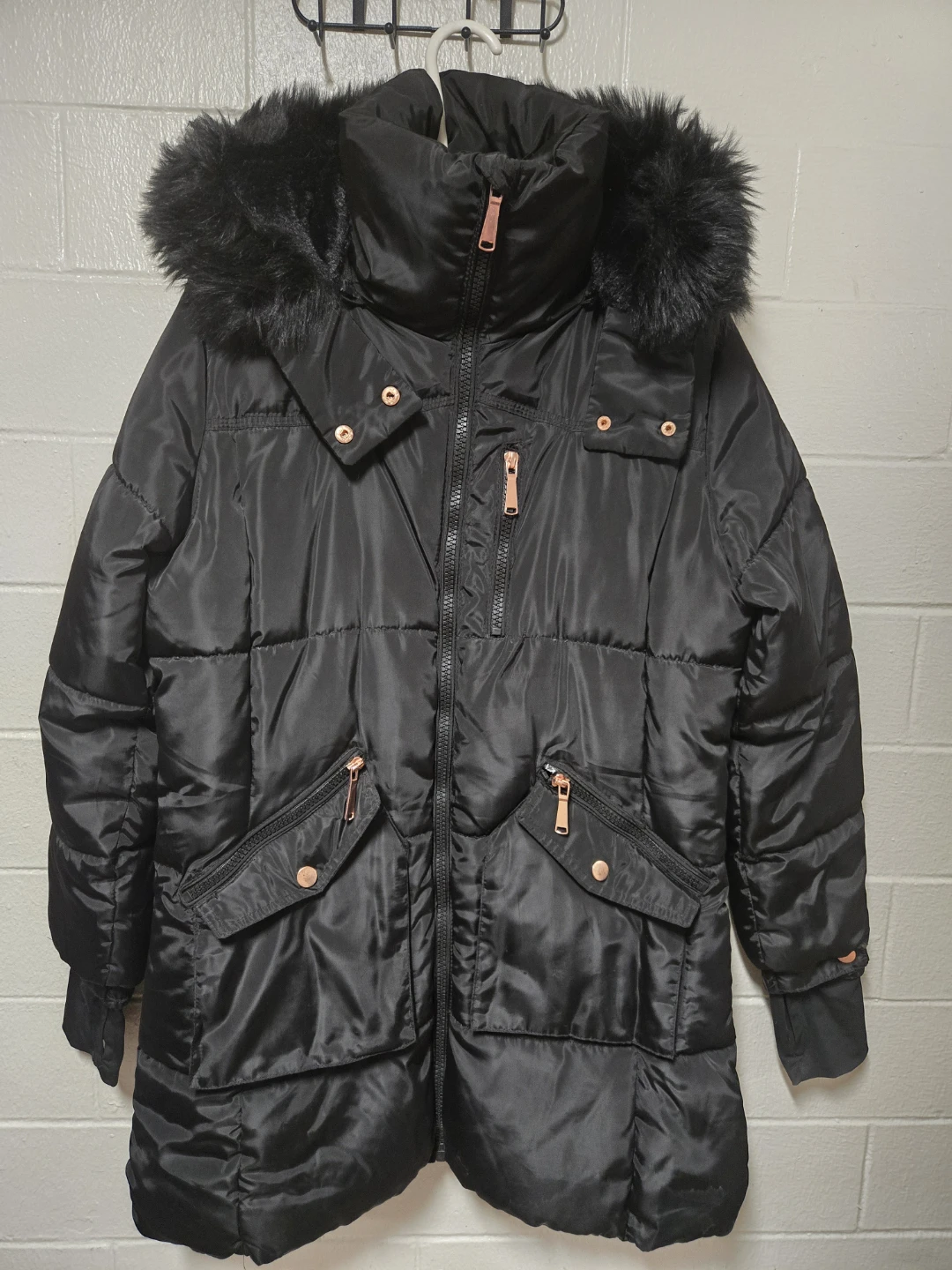 Celsius Black Winter Puffer Jacket Faux Fur Hood Size Large - photo 5