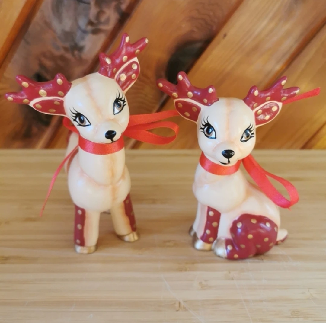 Vintage Ceramic Reindeer Figurines Set of 2 Hand Painted Retro