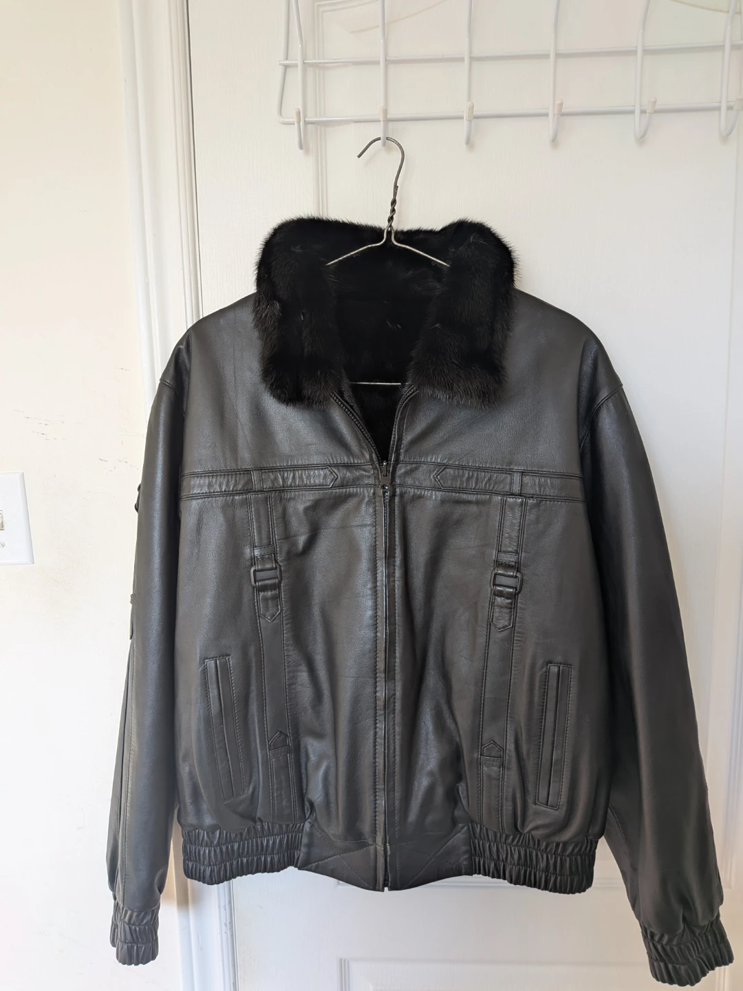 Black Leather Jacket with Fur Collar