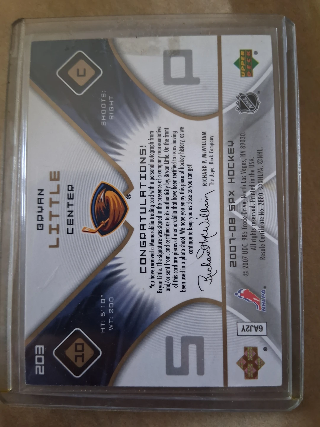 2007-08 SPx Bryan Little Rookie Auto Dual Patch Card - photo 2