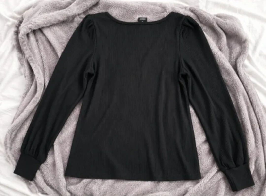 Catherine Malandrino Black Ribbed Puff Sleeve Top | Size L - photo 2