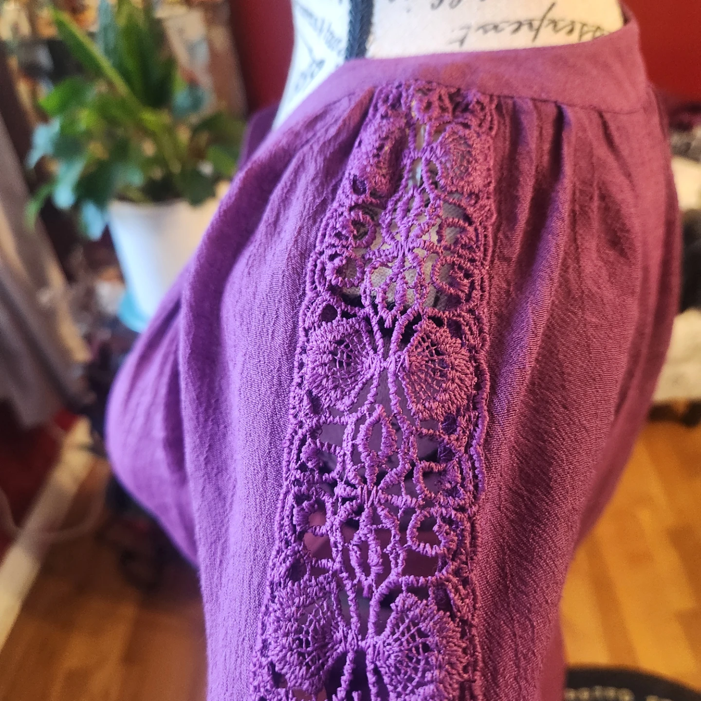 Purple Crinkle Gauze Lace Trim Bell Sleeve Boho Midi Dress - photo 5