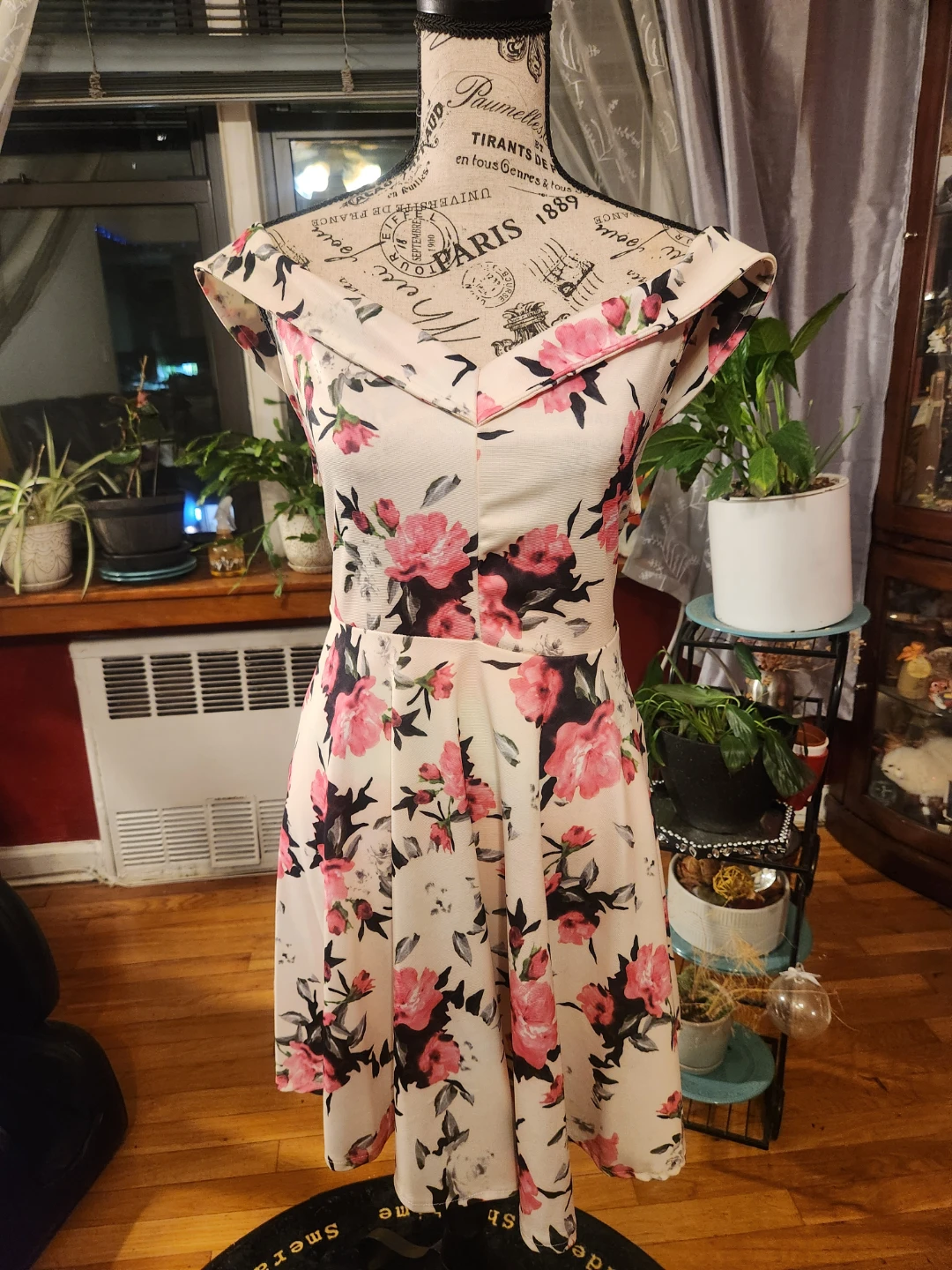 Plus Size Cream Pink Floral Off-Shoulder Skater Mini Dress