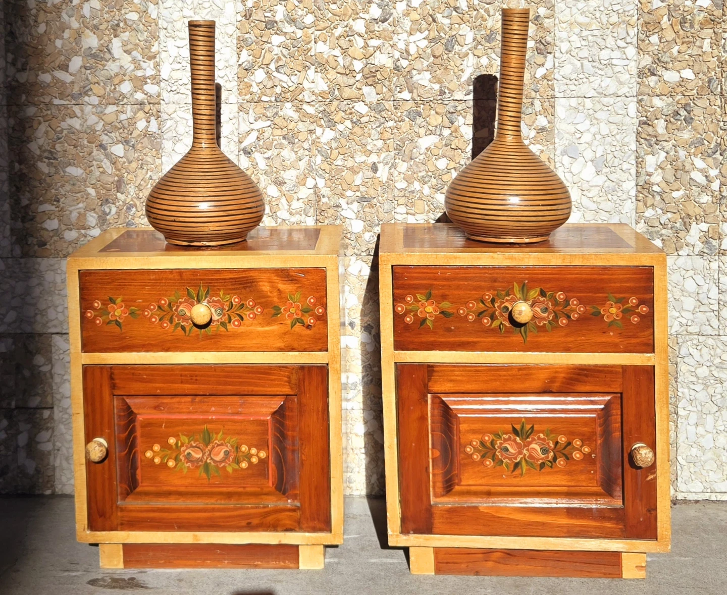 Pair Of Vintage Walnut Nightstands With Flower Theme