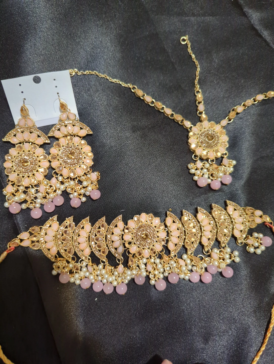 Heavy Pink and Gold Bridal Jewelry Set