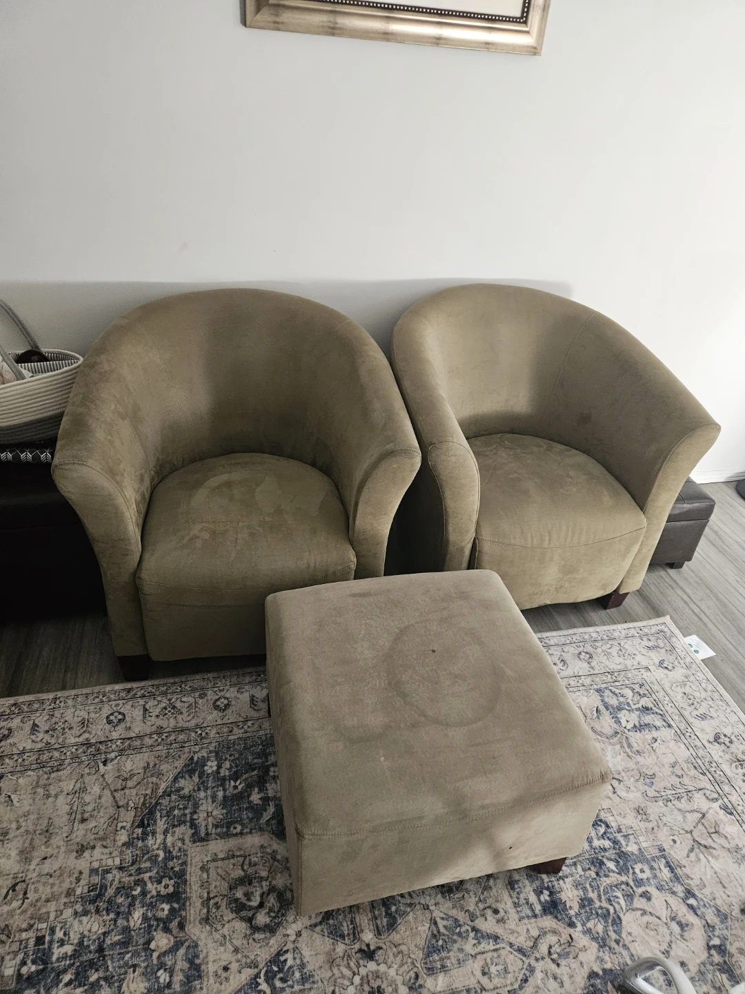 Set of Two Velvet Barrel Chairs with Footstool