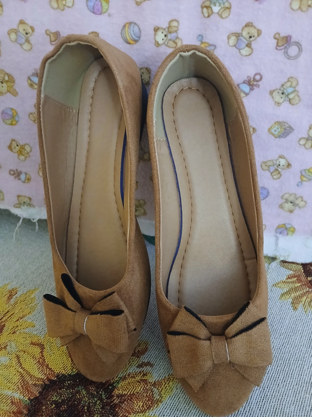 Brown Suede-Style Bow Wedge Flats Size 41