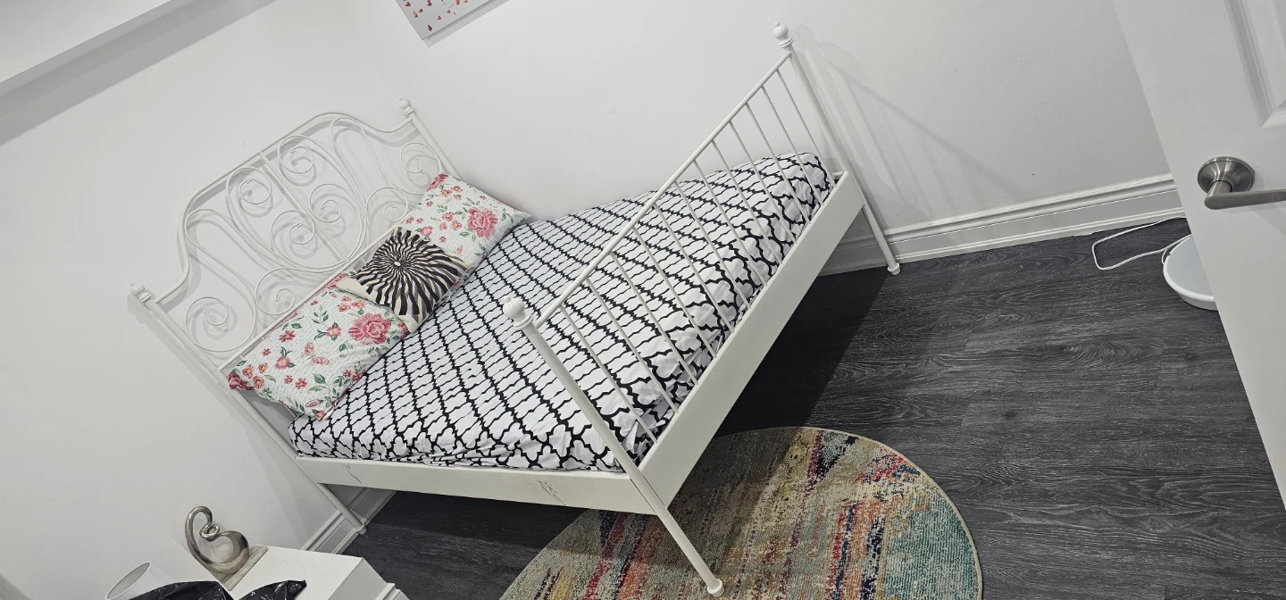 White Metal Double Bed Frame with Headboard and Mattress - photo 5