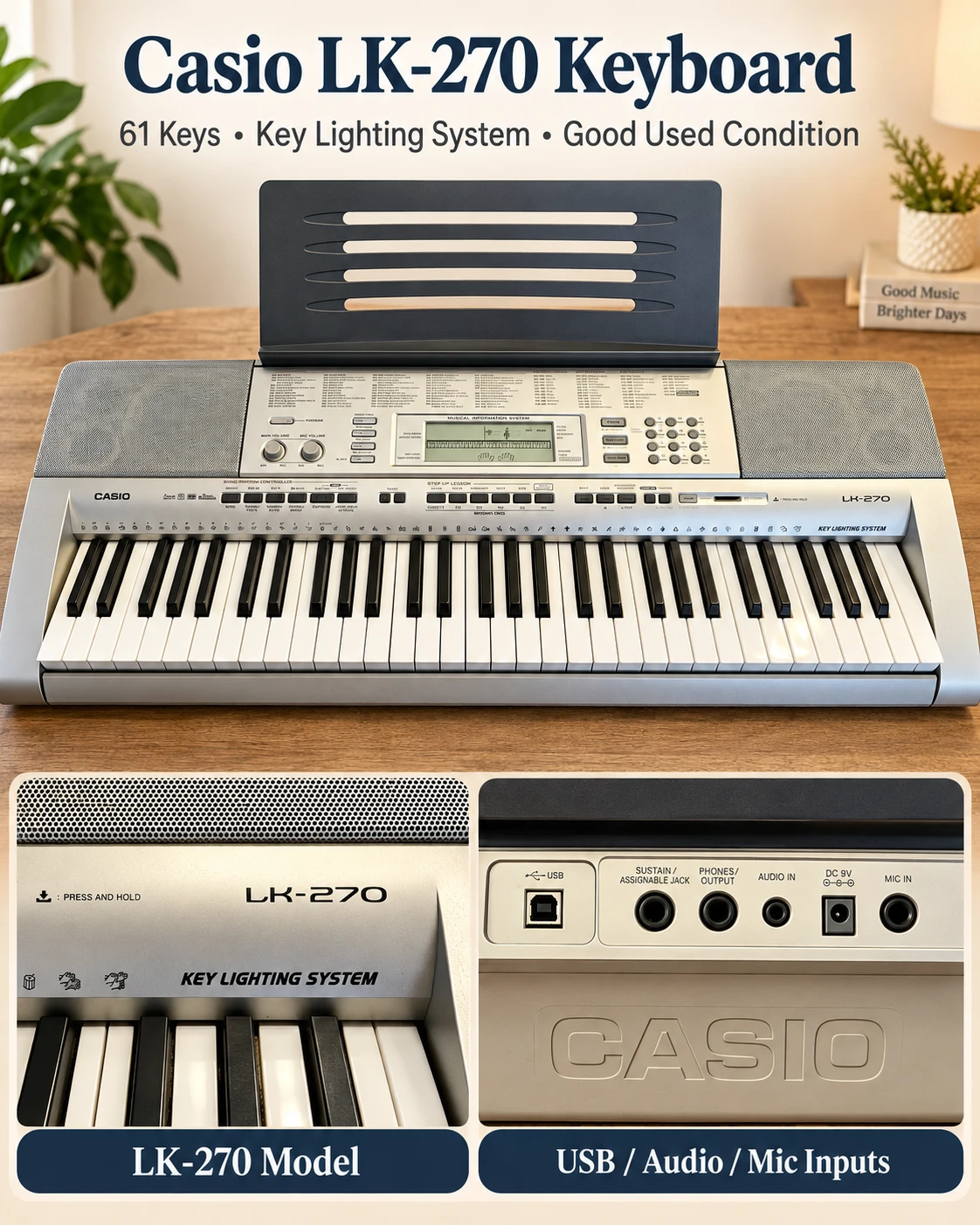 Casio LK-270 61-Key Lighted Keyboard + Adapter & Music Stand