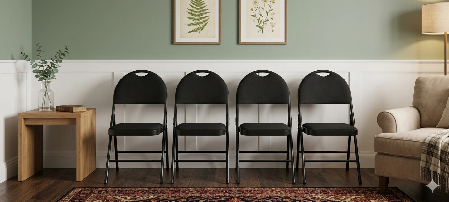 Set of 4 Black Padded Metal Folding Chairs – Good Condition