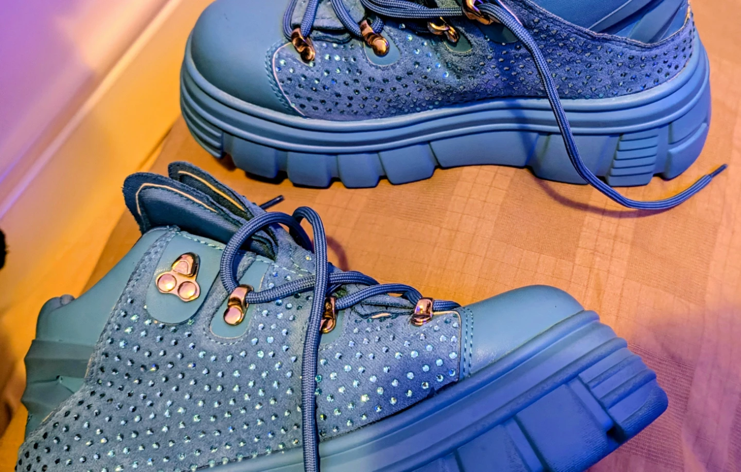 Blue Platform Sneakers with Rhinestones