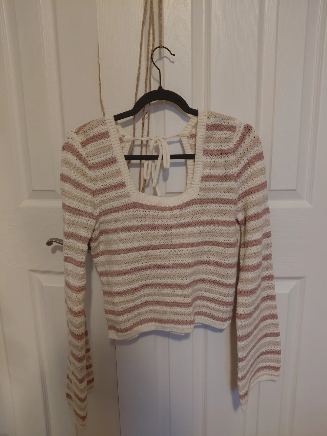 Striped Knit Tie-Back Long Sleeve Top