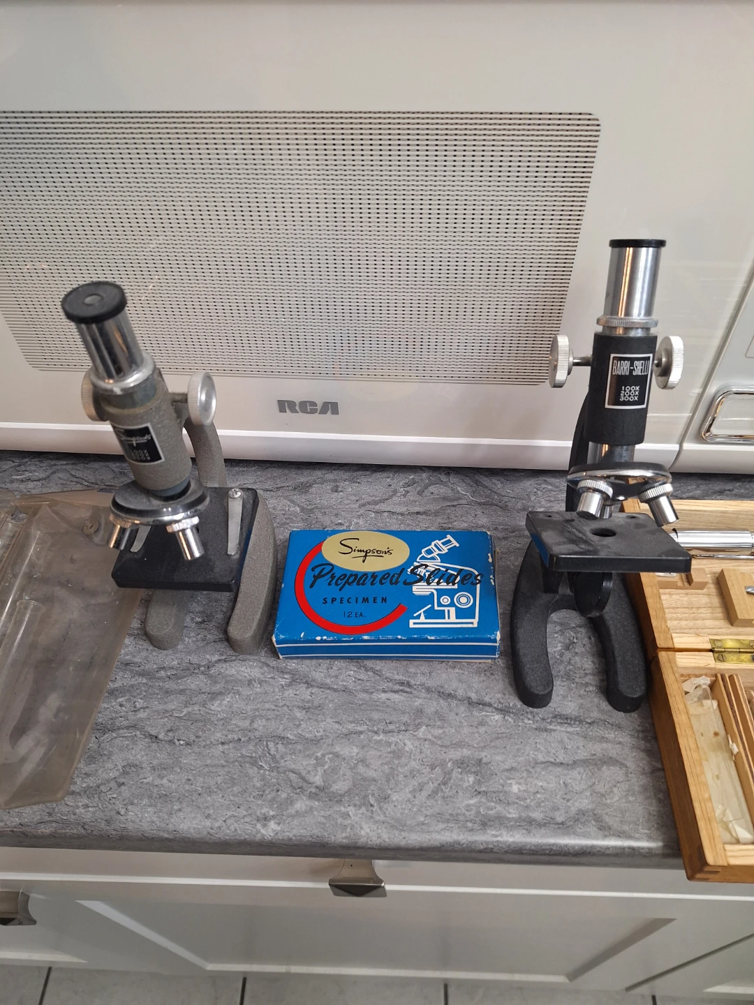 Two Vintage Microscopes with Slide Kit and Tools