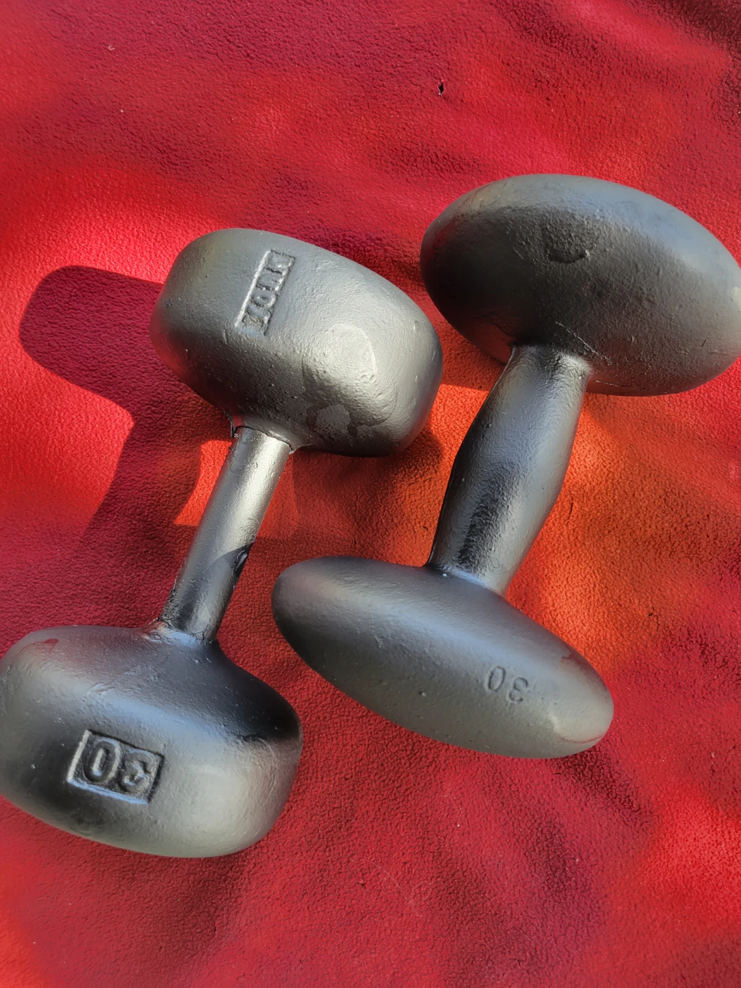 SETS OF 30LB  MIXED BRANDS  DUMBBELLS. TOTAL 30LBs