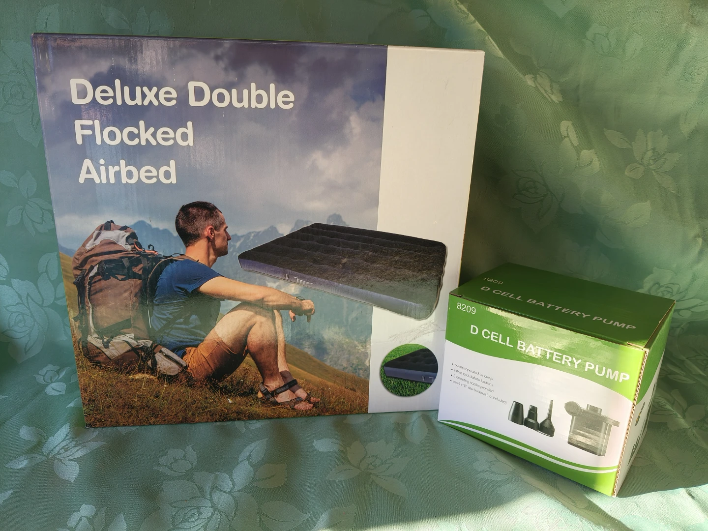 Deluxe Double Flocked Airbed and D-Cell Battery Pump