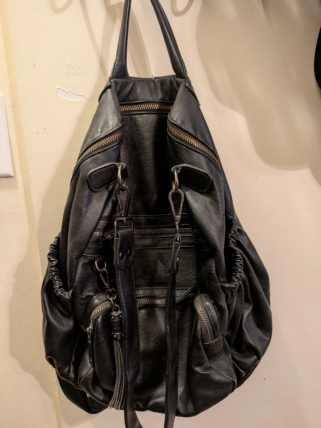 Black Convertible Faux Leather Backpack