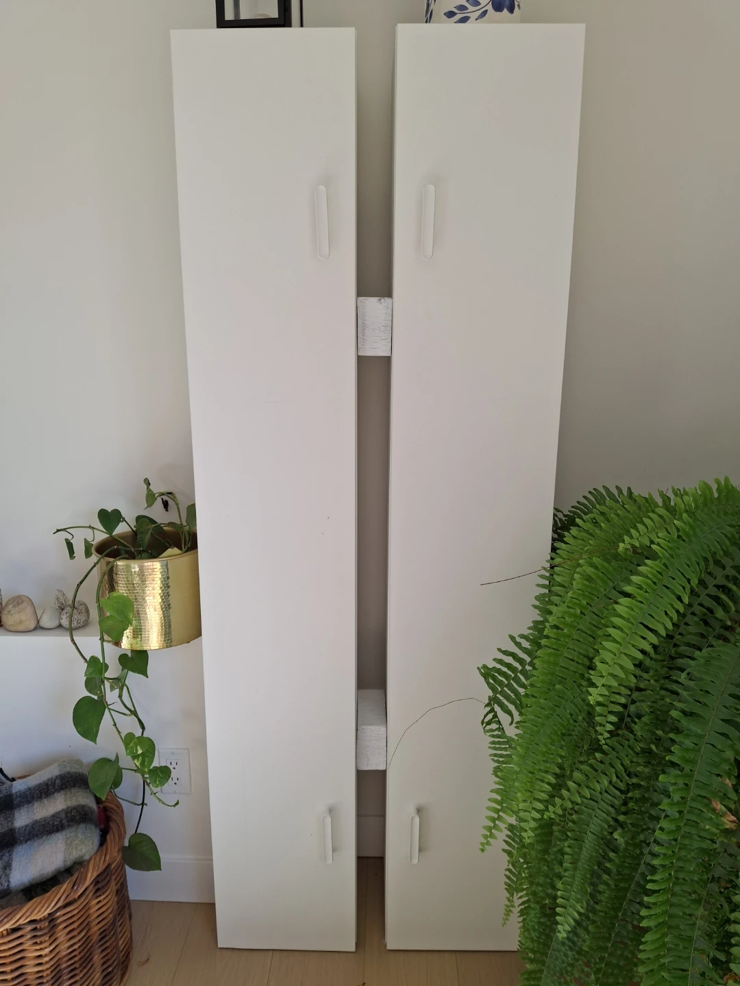 Two Tall White Storage Cabinets