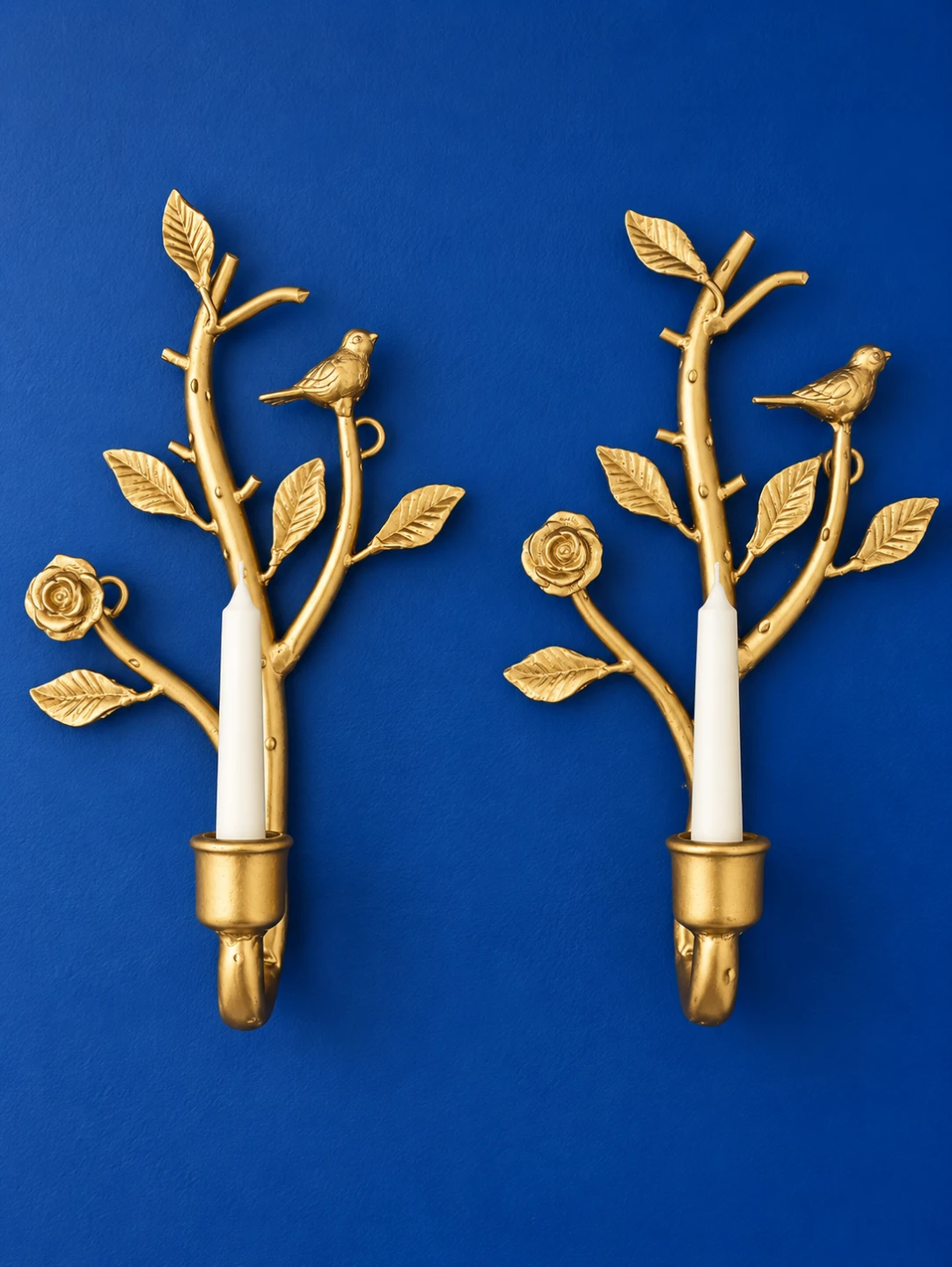Set of 2 Gold Floral and Bird Branch Wall Candle Holders - photo 2