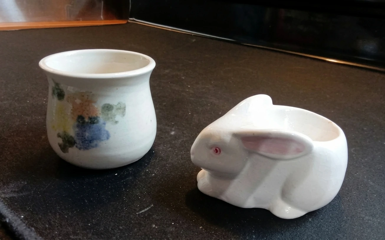 Bunny Egg Holder (Glass Eyes) & 2.5” Hand-Thrown Studio Cups