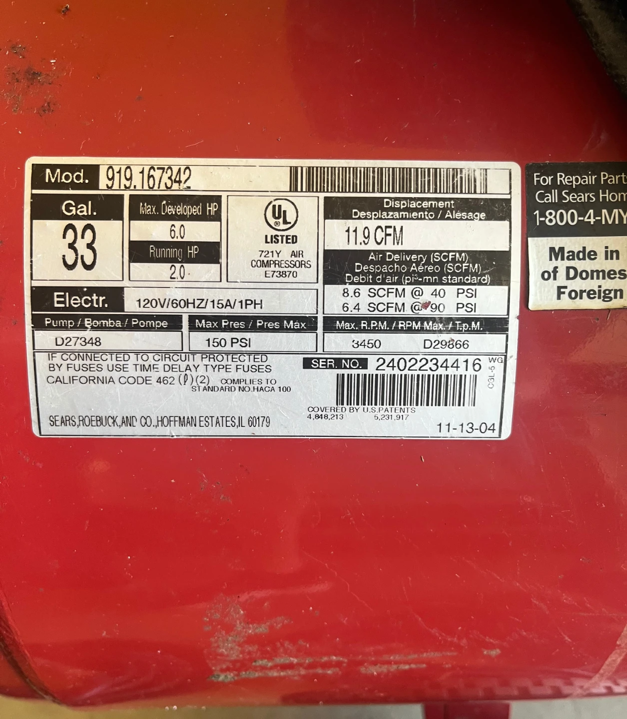 CRAFTSMAN MODEL 919.167342 HORIZONTAL AIR COMPRESSOR - photo 4
