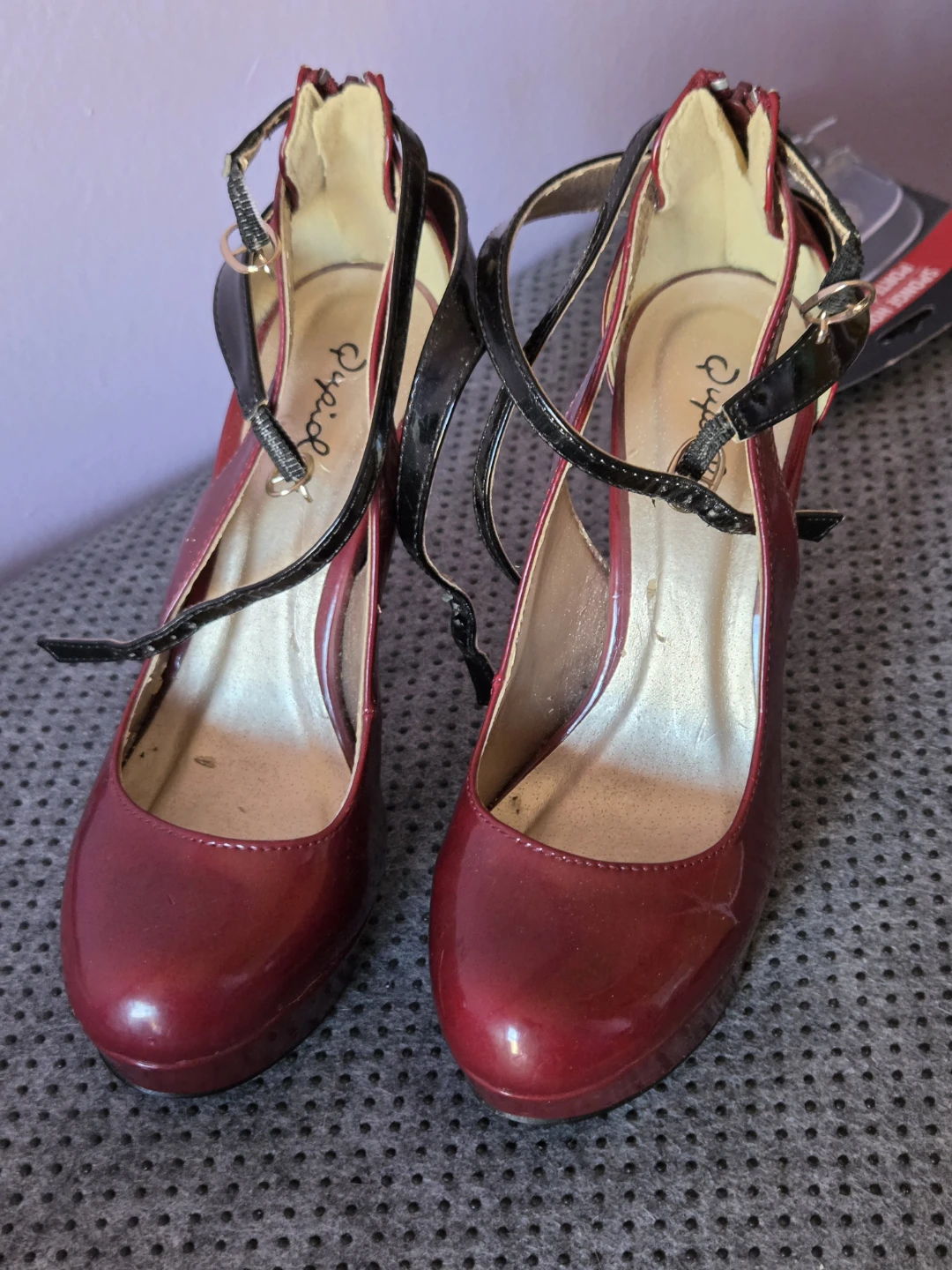 Qupid Red Patent Ankle Strap Heels