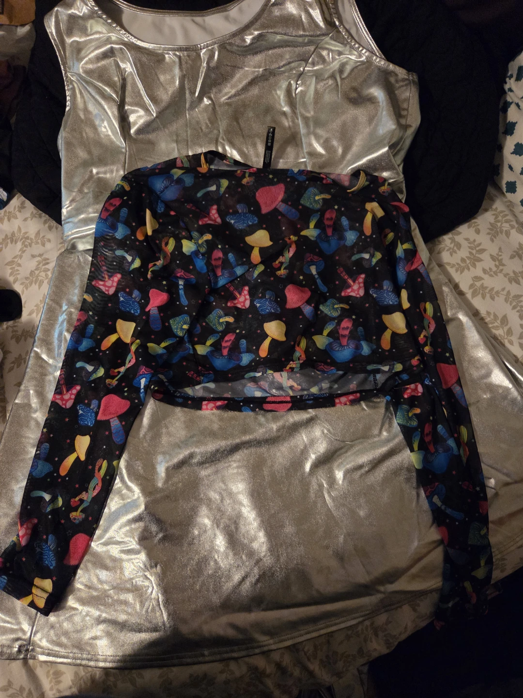 Mushroom Print Mesh Long Sleeve Crop Top