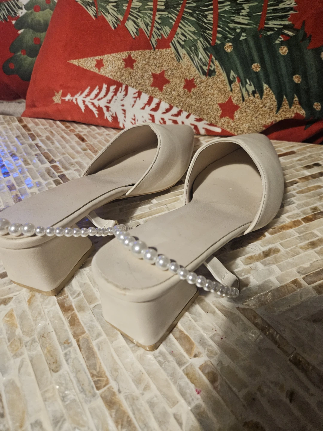 Cream Block Heel Shoes with Pearl Strap