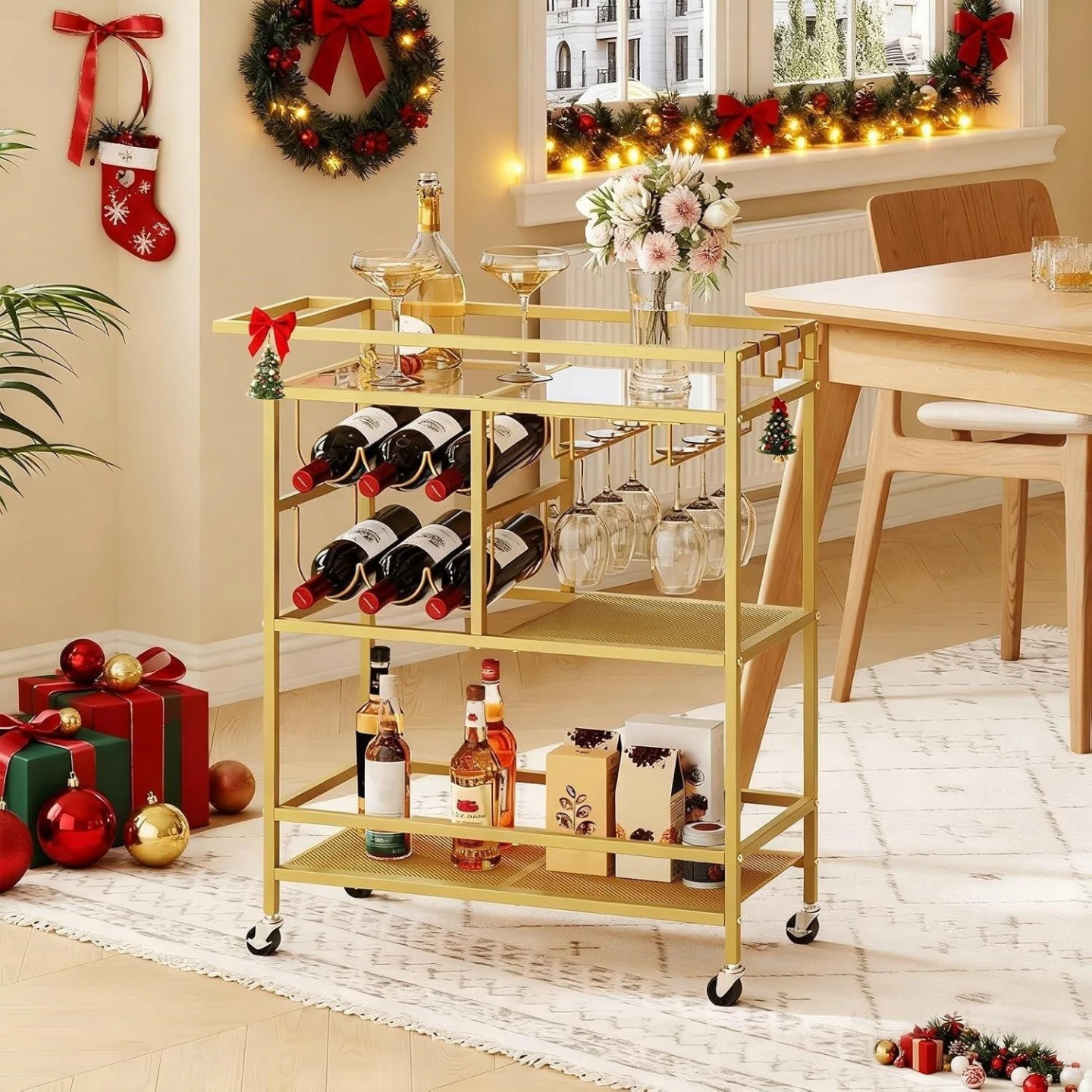 New<> Gold Metal Bar Cart with Wine Rack