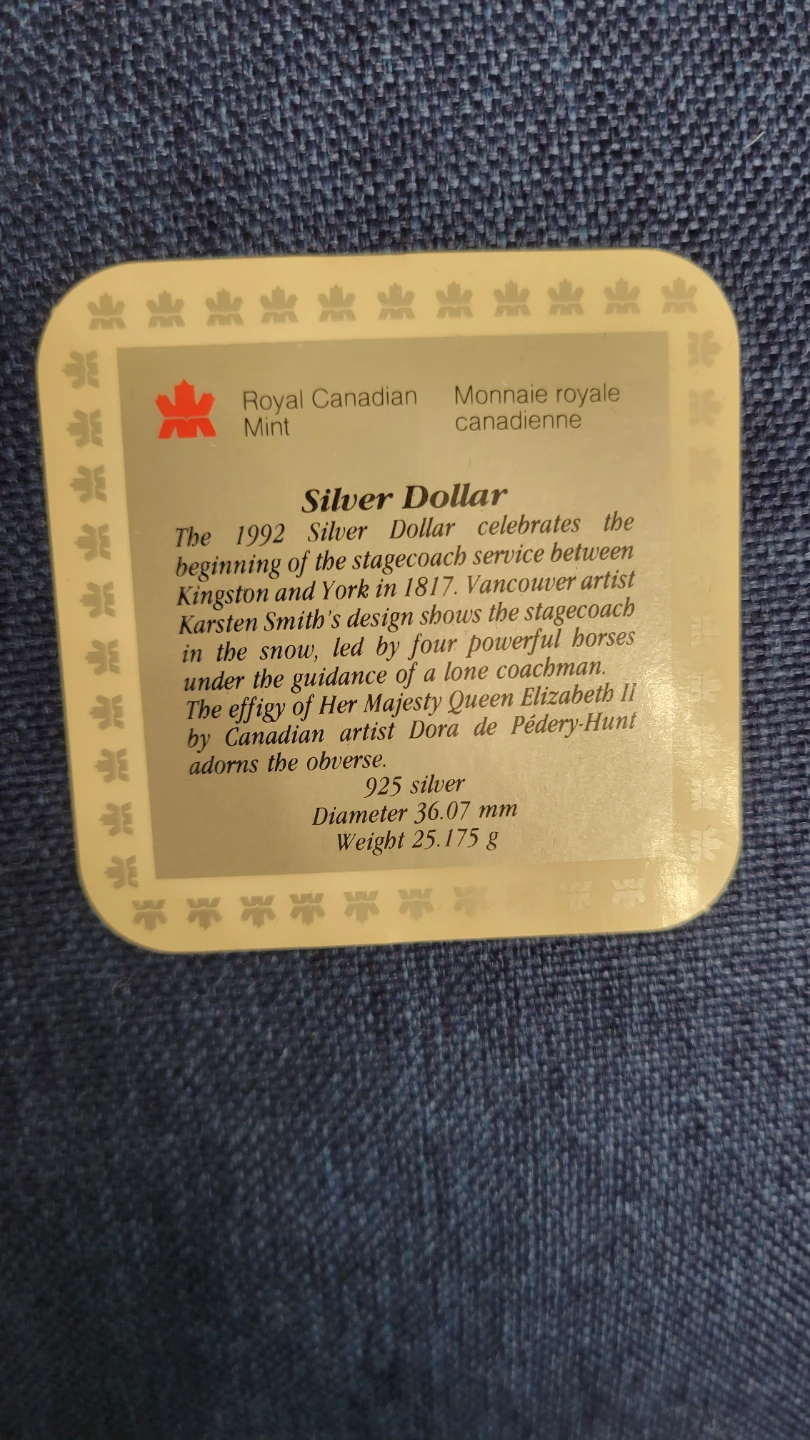 1992 Royal Canadian Mint Proof Silver Dollar - photo 2