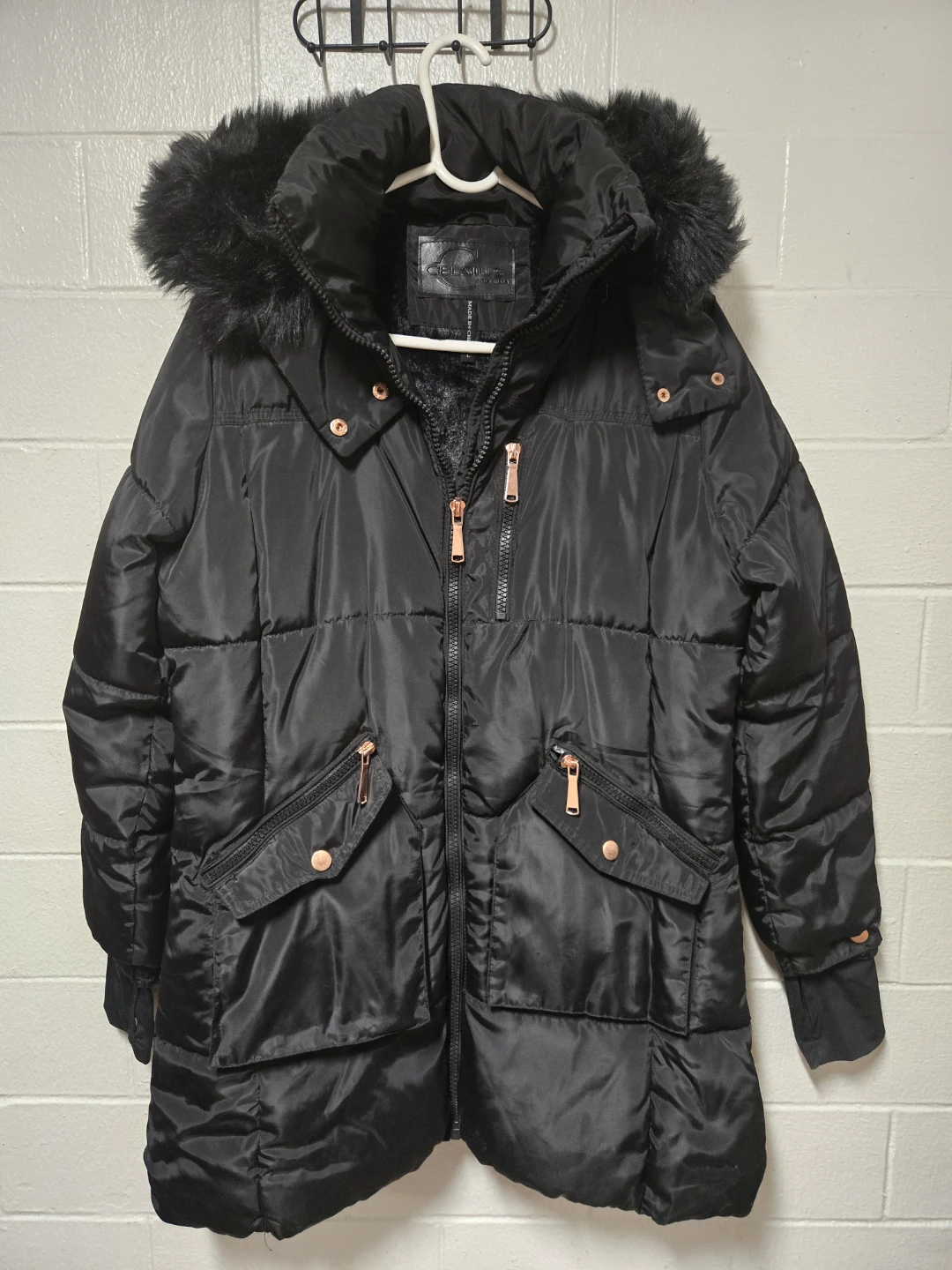 Celsius Black Winter Puffer Jacket Faux Fur Hood Size Large