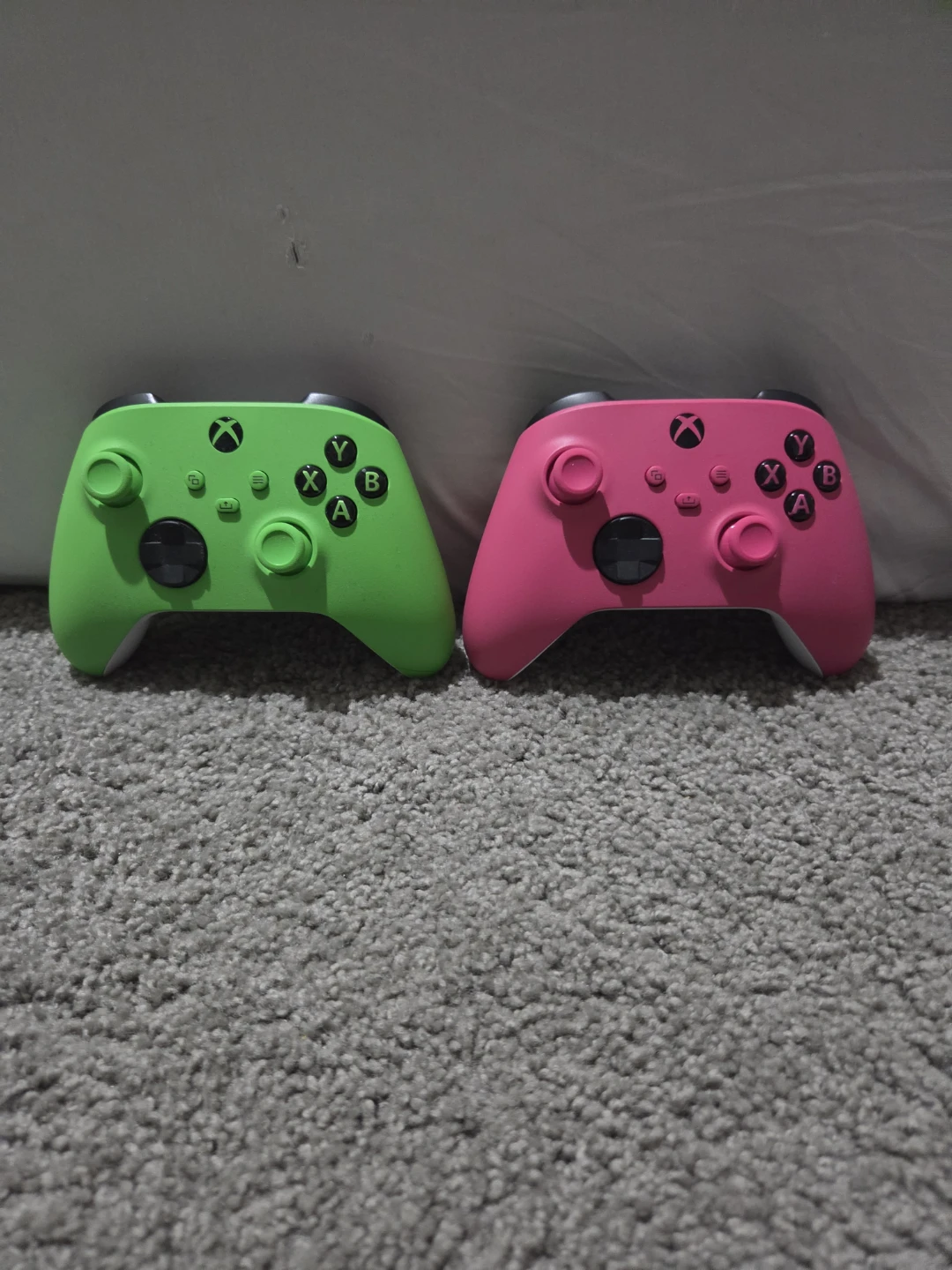 Two Xbox Wireless Controllers - Green and Pink