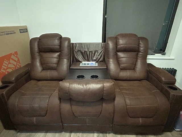 Brown Faux Leather Reclining Loveseat with Media Center Console