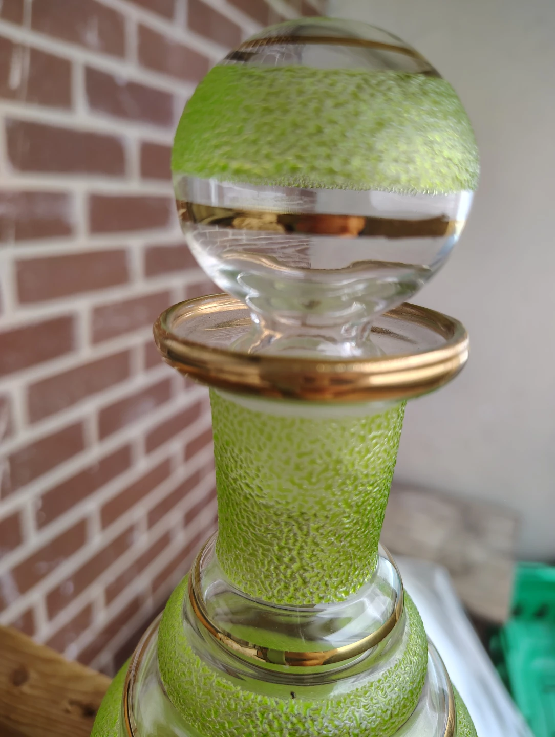 Vintage Lime Green and Gold Glass Decanter - photo 2