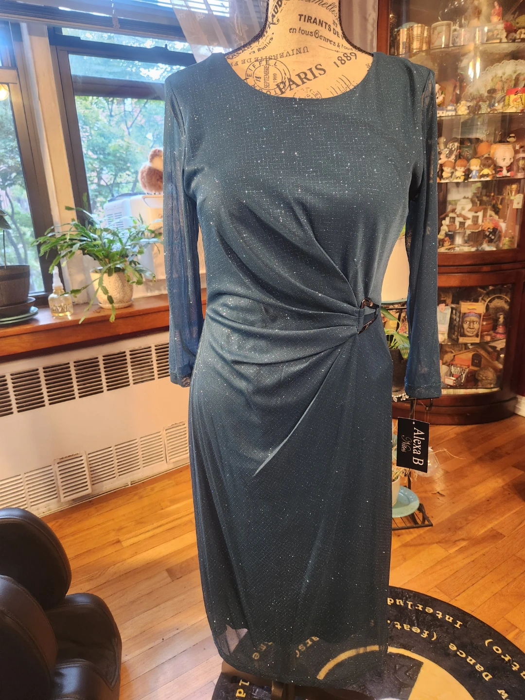 Party NWT Teal Emerald Green Glitter Mesh Side-Buckle Midi Dress
