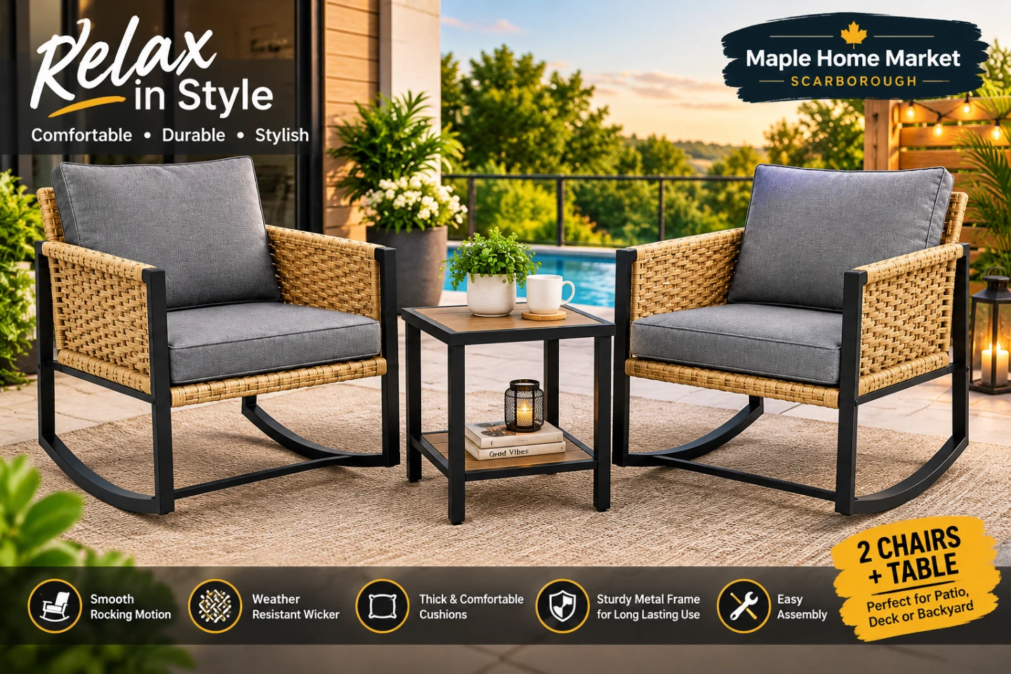 New<> 3-Piece Patio Rocking Chair and Table Set