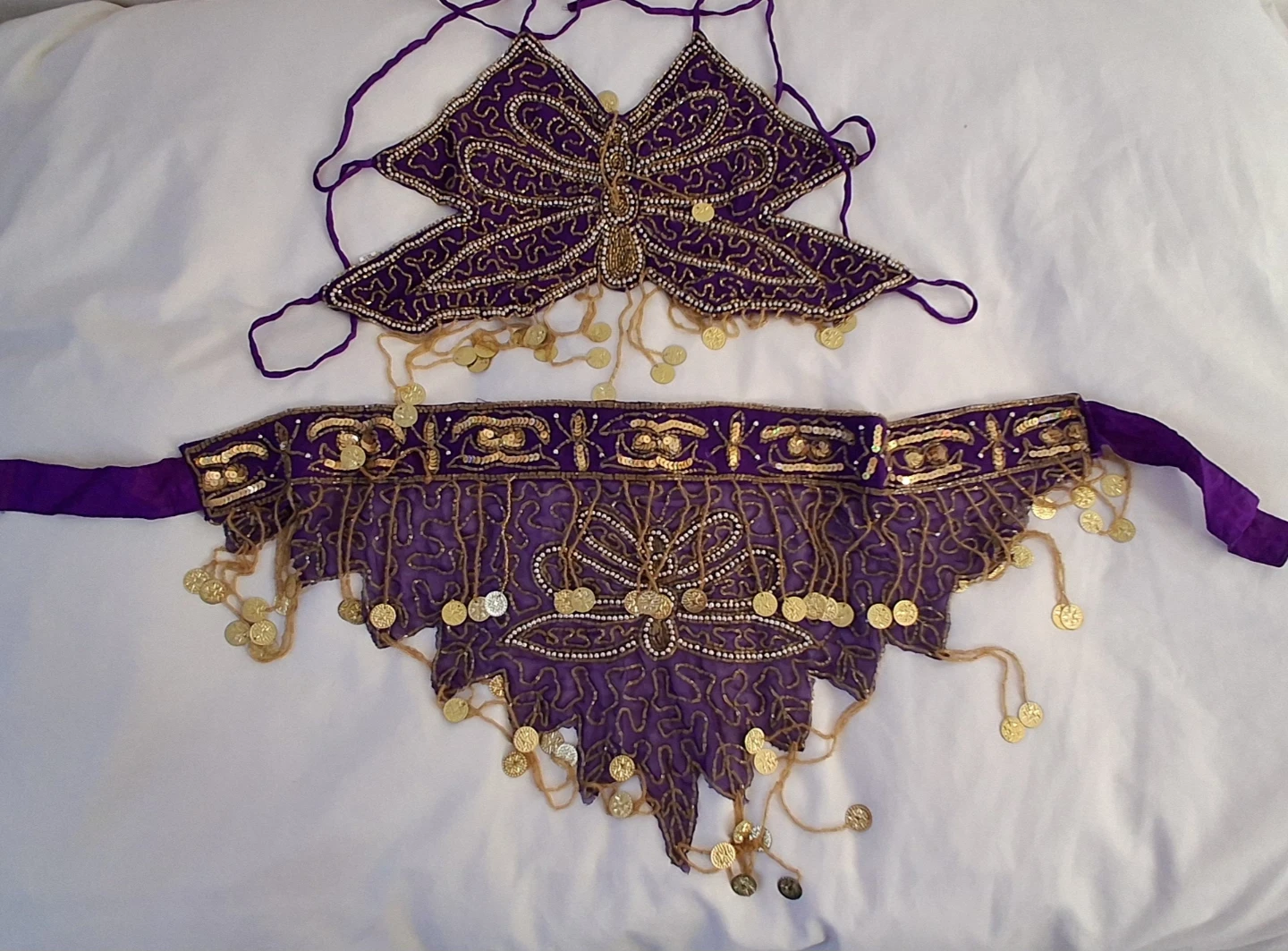 Purple Beaded Belly Dance Top and Hip Scarf Set