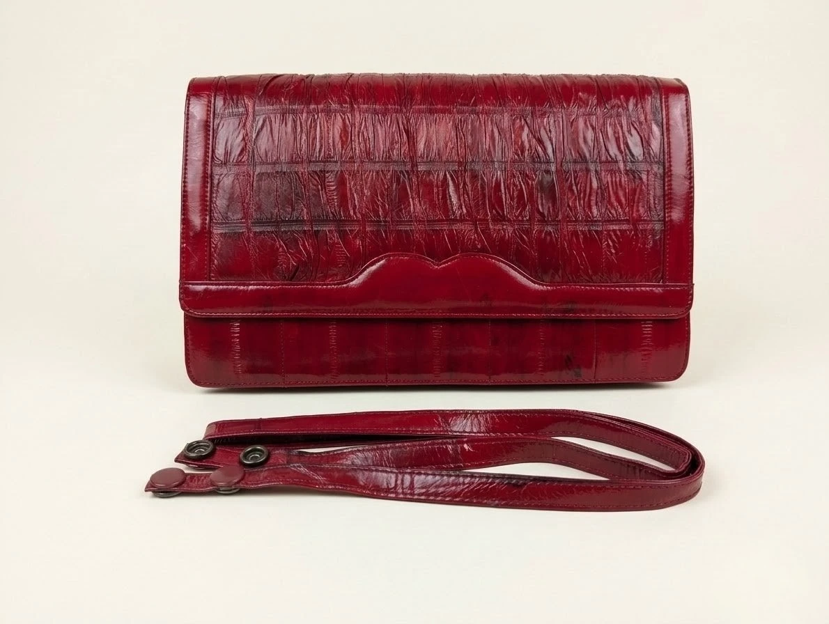 Vintage Red Eel Skin Handbag with Removable Strap