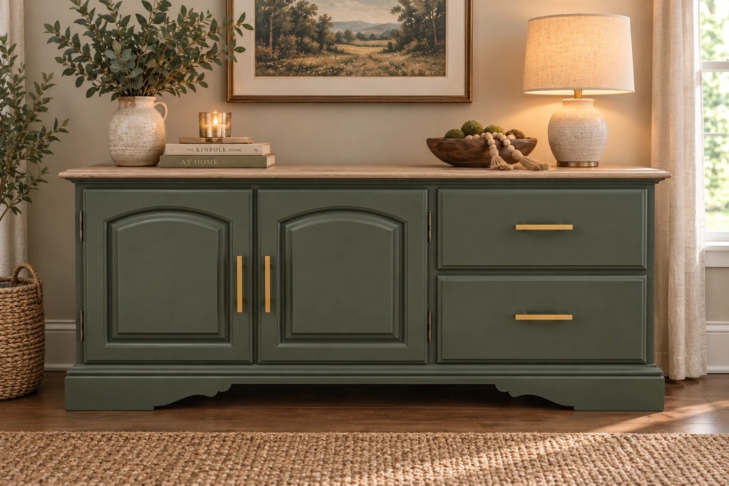 Green Media Console with Natural Wood Top