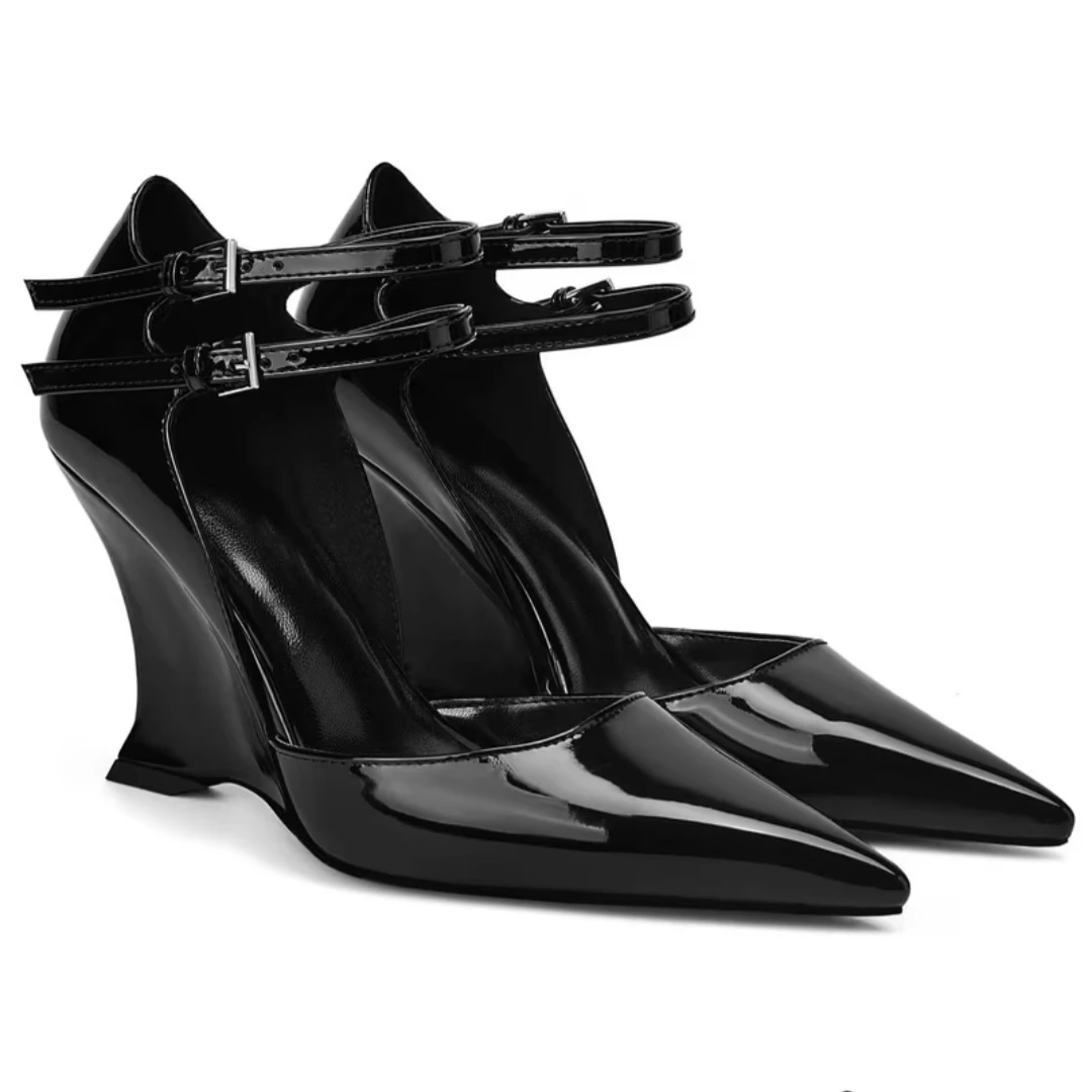 Black Patent Wedge Heel Sandals
