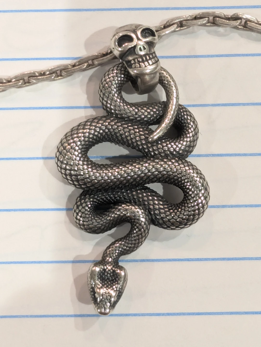 Solid Sterling Silver Large  Coiled Snake Pendant Skull Bail - photo 2