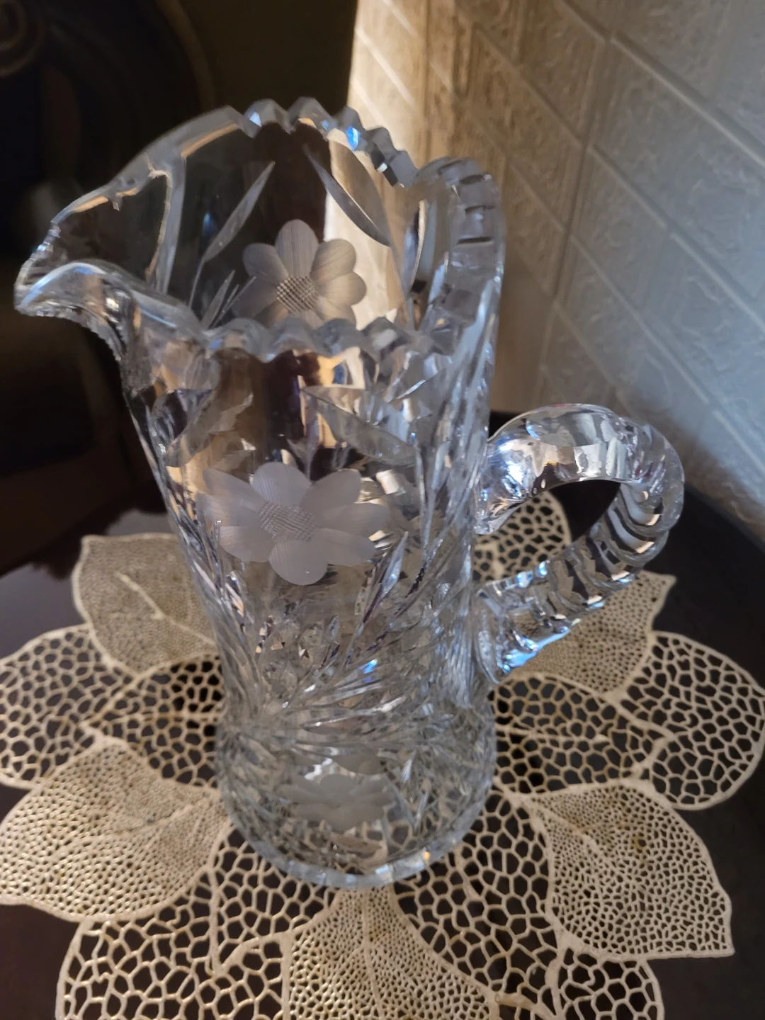 Vintage crystal glass pitcher and flower holder $50