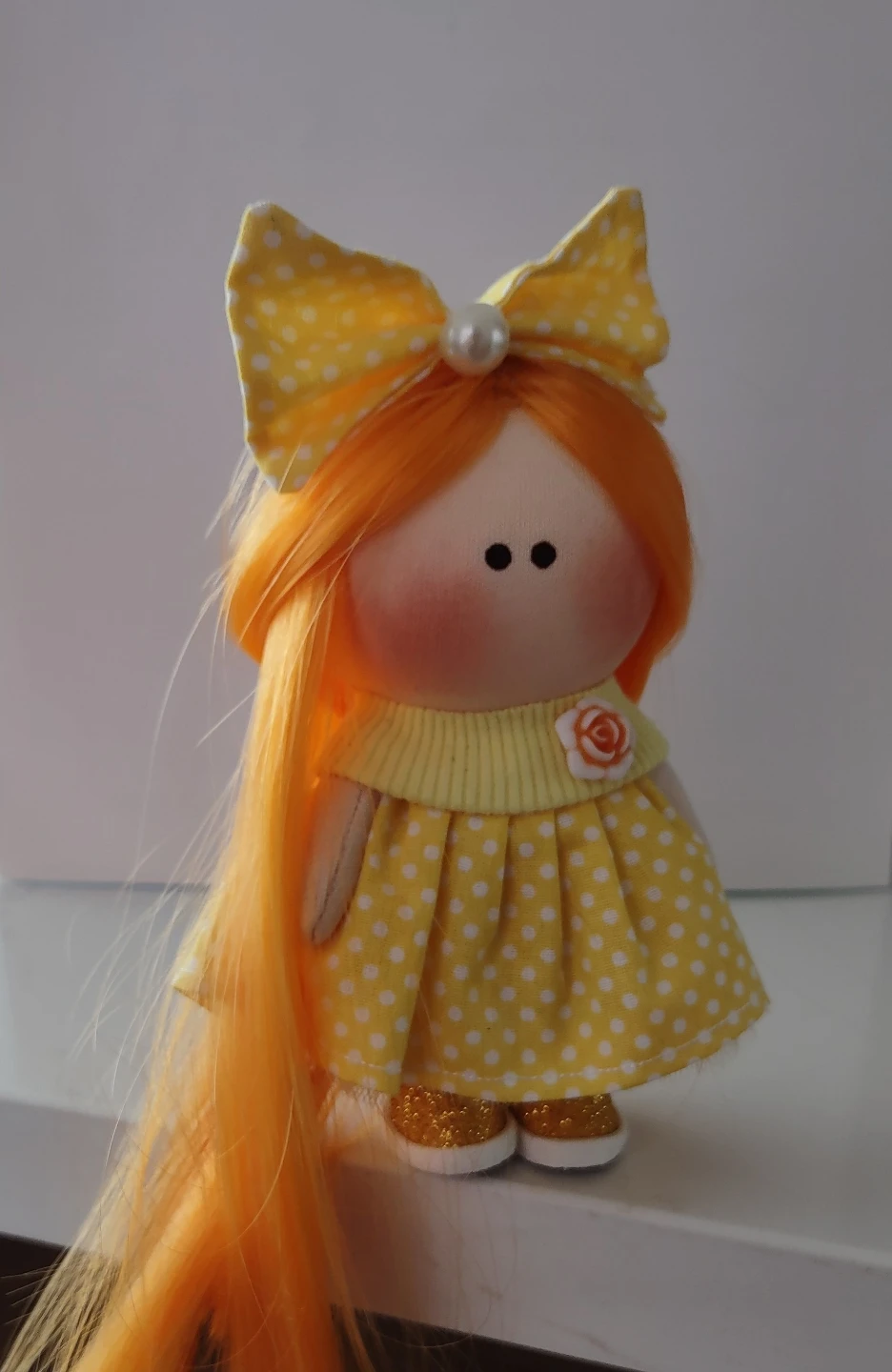 Handcrafted  mini cloth doll with yellow polka dot dress - photo 4