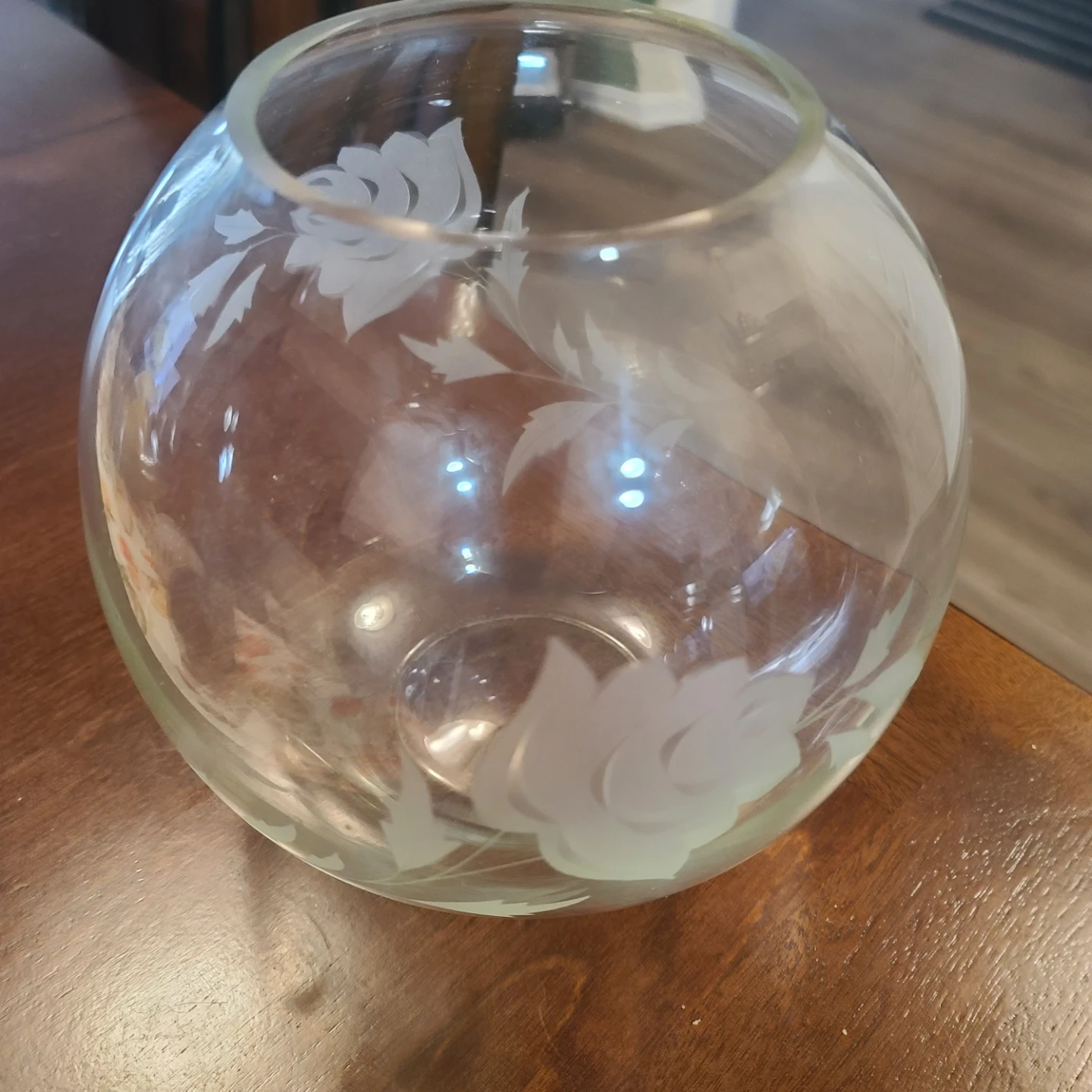 Etched Floral Glass Bowl Vase