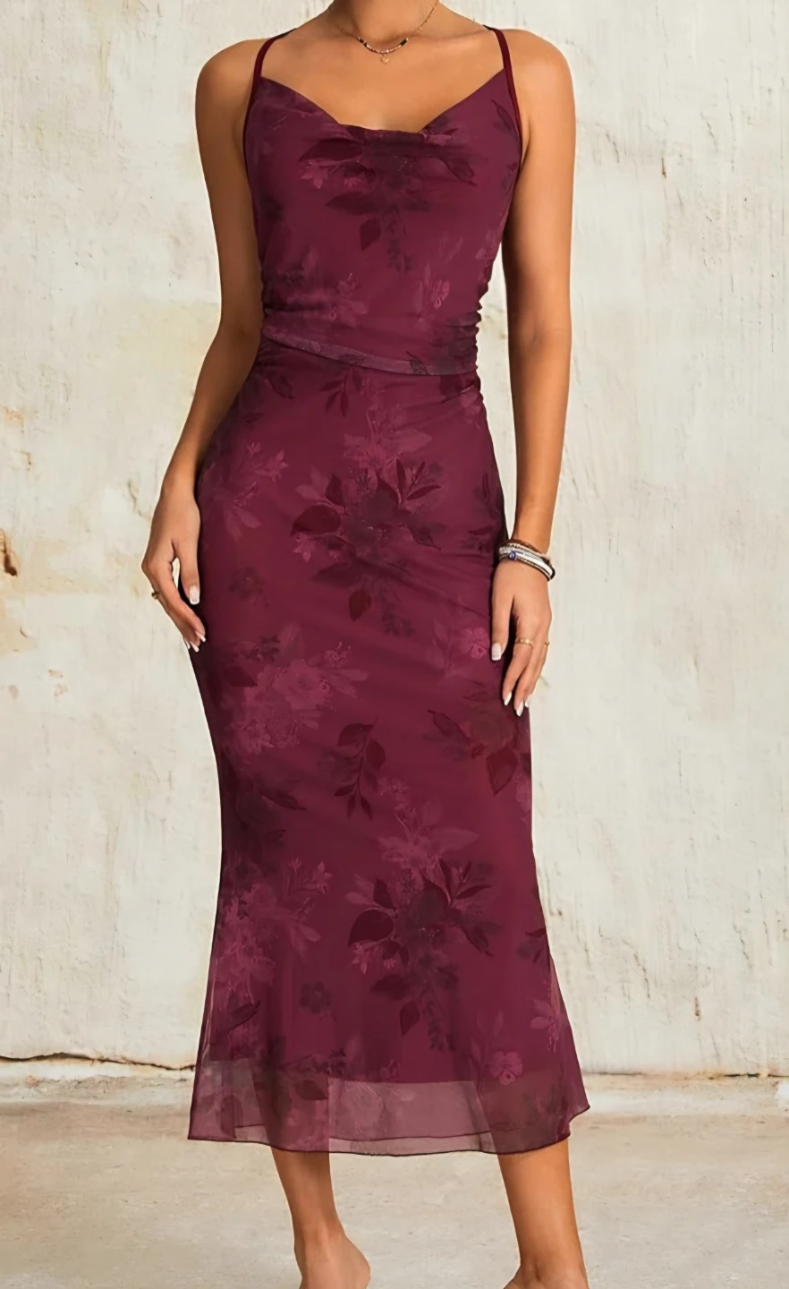 New Burgundy Floral Mesh Midi Dress - photo 3