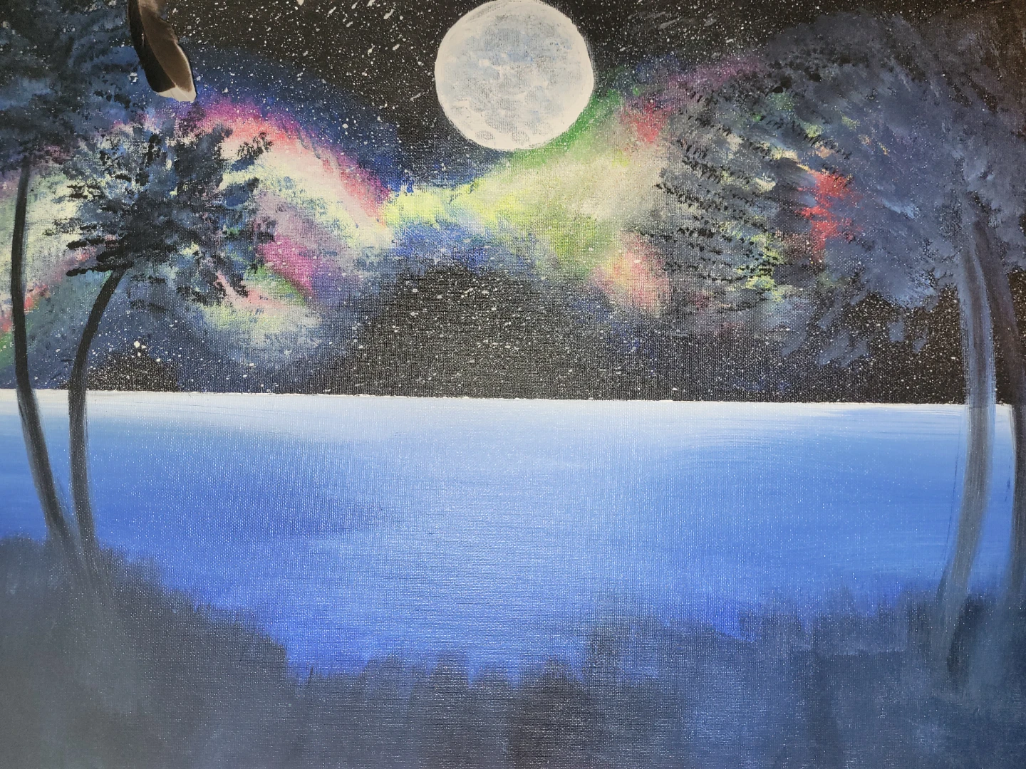 Acrylic painting of night sky and aurora