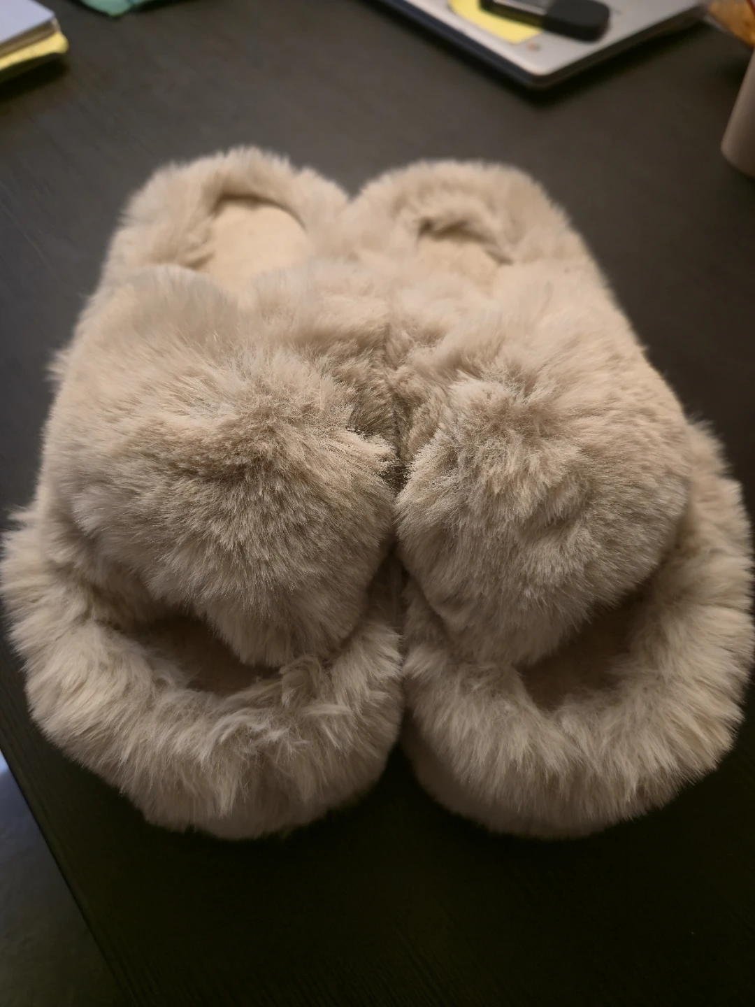 Beige Faux Fur Platform Slides