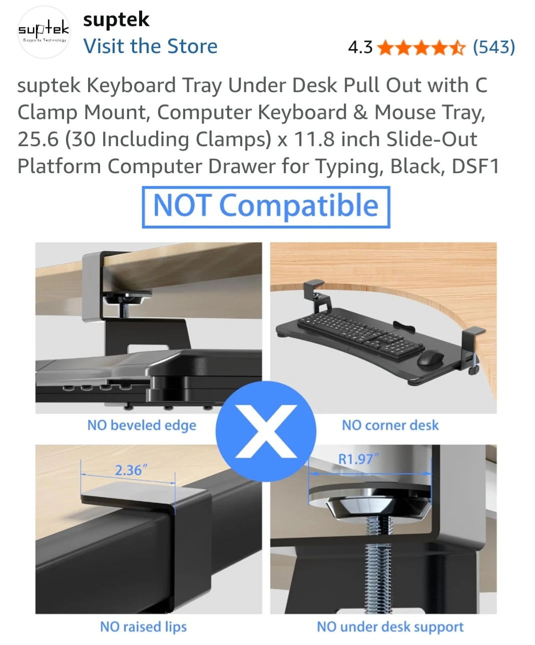 Suptek Under Desk Pull Out Keyboard Tray, Black - photo 4